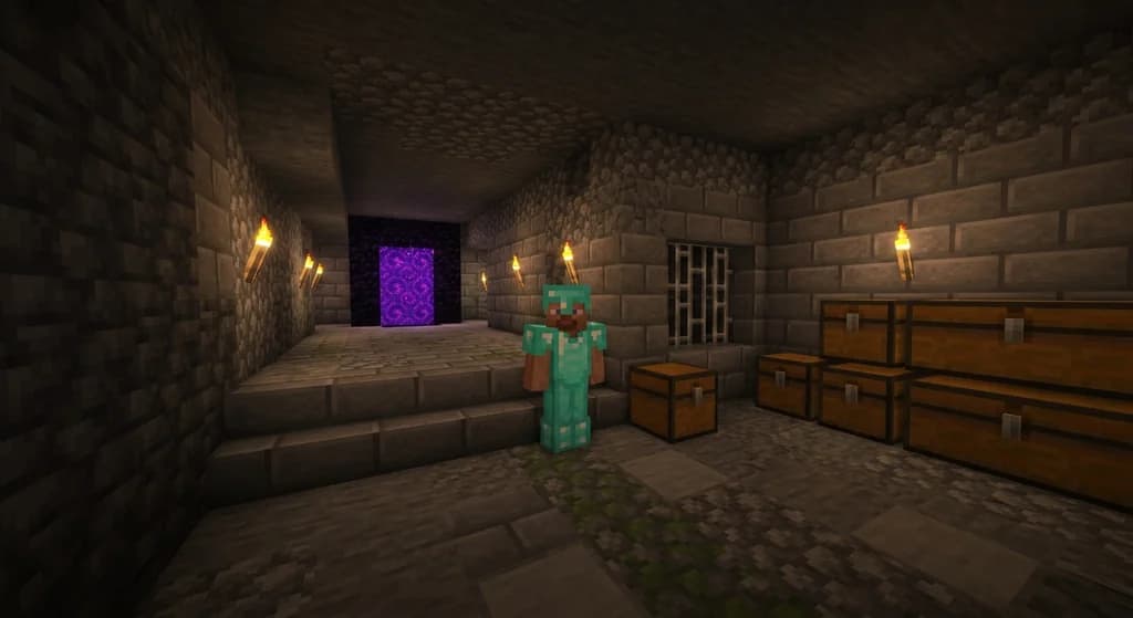 A Minecraft Bedrock hardcore player in diamond armor standing inside a fortified underground base built from deepslate and stone bricks with a nether portal glowing in the background