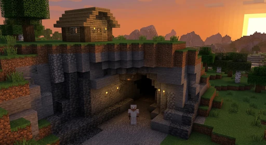 Minecraft Bedrock hardcore player in iron armor at the entrance of a deepslate cave with torches lining the walls and a wooden shelter on the surface above at dusk