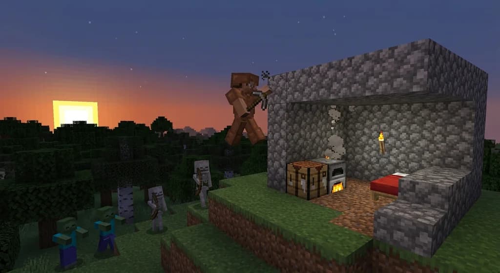 Minecraft player building a survival shelter at dusk in hardcore mode, with hostile mobs approaching.