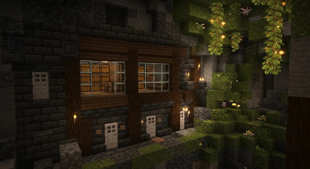 A fortified Minecraft hardcore SMP underground base built from deepslate bricks inside a cliff, lit by sea lanterns with iron doors and a lush cave biome outside
