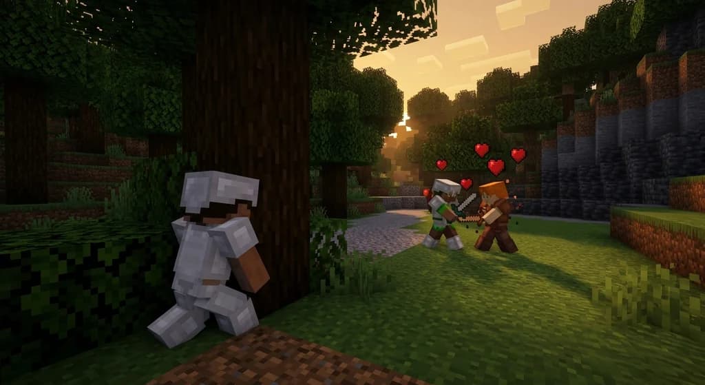 A Minecraft player in iron armor hiding behind an oak tree watching a PvP fight on a lifesteal SMP server with floating hearts visible above players