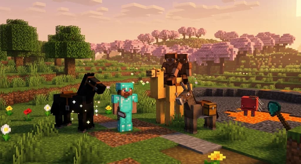 A Minecraft player surrounded by rideable mobs including a horse, camel, donkey, and strider in a plains biome at sunset.