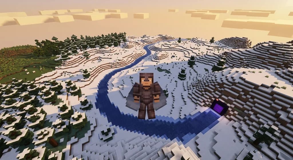 Minecraft player gliding on elytra above a blue ice road stretching through a snowy biome toward a nether portal at golden hour