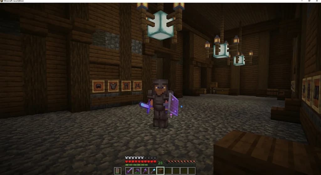 Minecraft player wearing a full custom armor set with matching weapons in a hall, displaying set bonus particles and item frames.