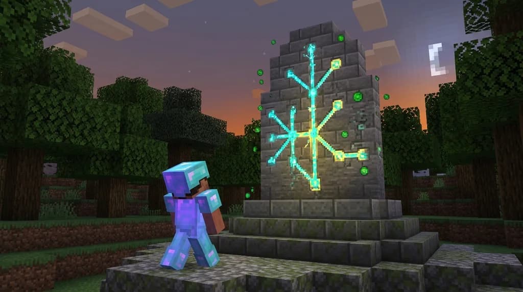 Player in front of a glowing skill tree runestone in a Minecraft forest, representing unlockable abilities on custom servers.