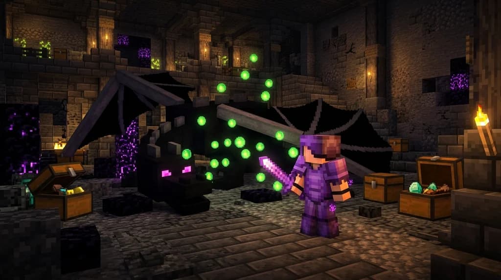 Minecraft player holding a glowing artifact sword in a dungeon with a defeated boss dragon.