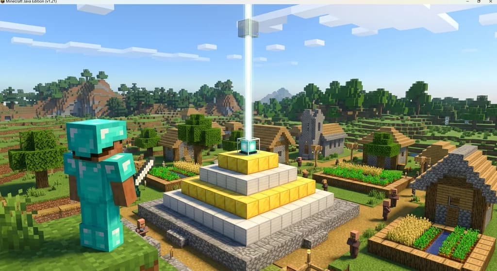 Player near a fully-activated beacon on a mineral block pyramid in Minecraft