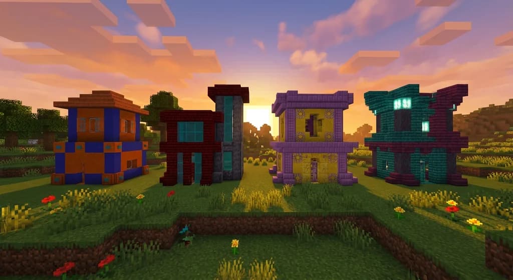 Four Minecraft builds side by side each using a different complementary color block palette — orange and blue, red and cyan, yellow and purple, warped and crimson — shown at golden hour lighting on a grassy plain