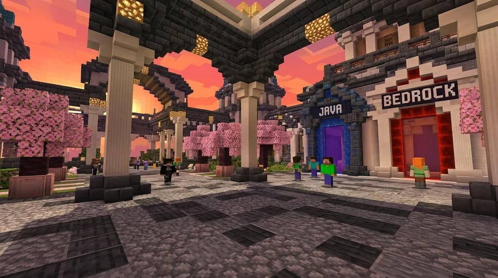 A Minecraft server spawn hub built from deepslate and quartz with players at Java and Bedrock portals under a sunset sky