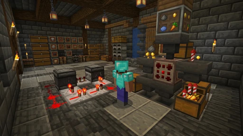 Minecraft player setting up an automatic crafter array with redstone components.
