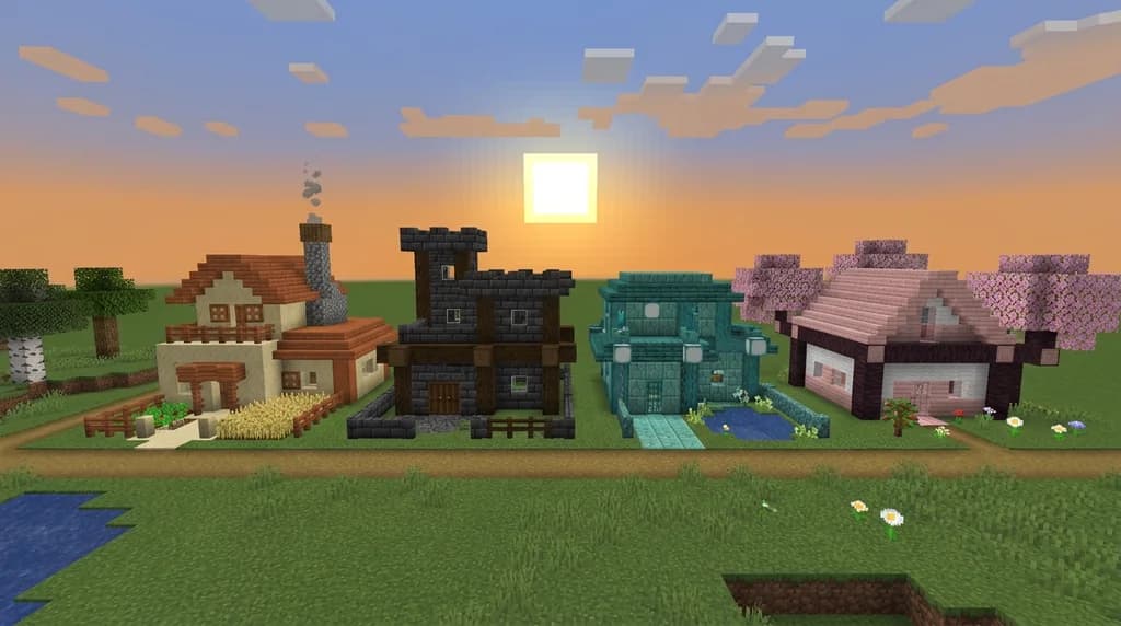 Four Minecraft builds side by side each using a distinct block palette — sandstone-acacia, deepslate-dark oak, prismarine-sea lantern, and cherry-white concrete — demonstrating palette generator results in-game