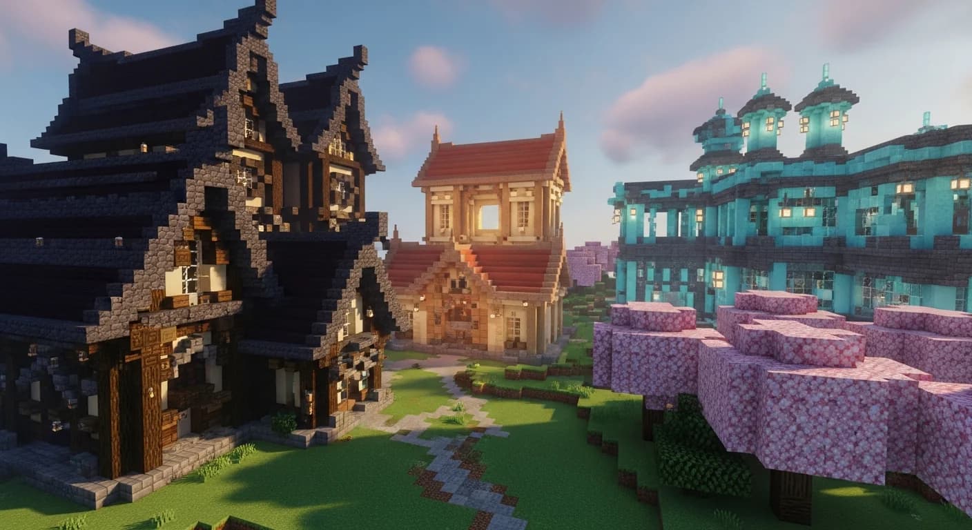 A Minecraft creative district showcasing multiple bases built with distinct block palettes including deepslate, sandstone terracotta, and prismarine under golden-hour lighting