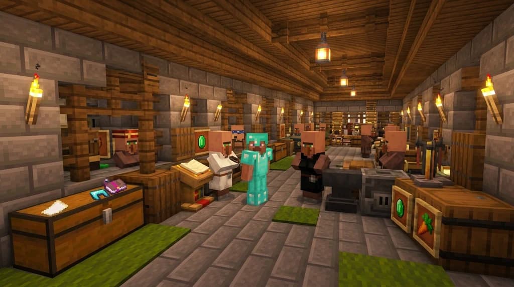 Player trading emeralds with a librarian and armorer in a stone brick villager trading hall