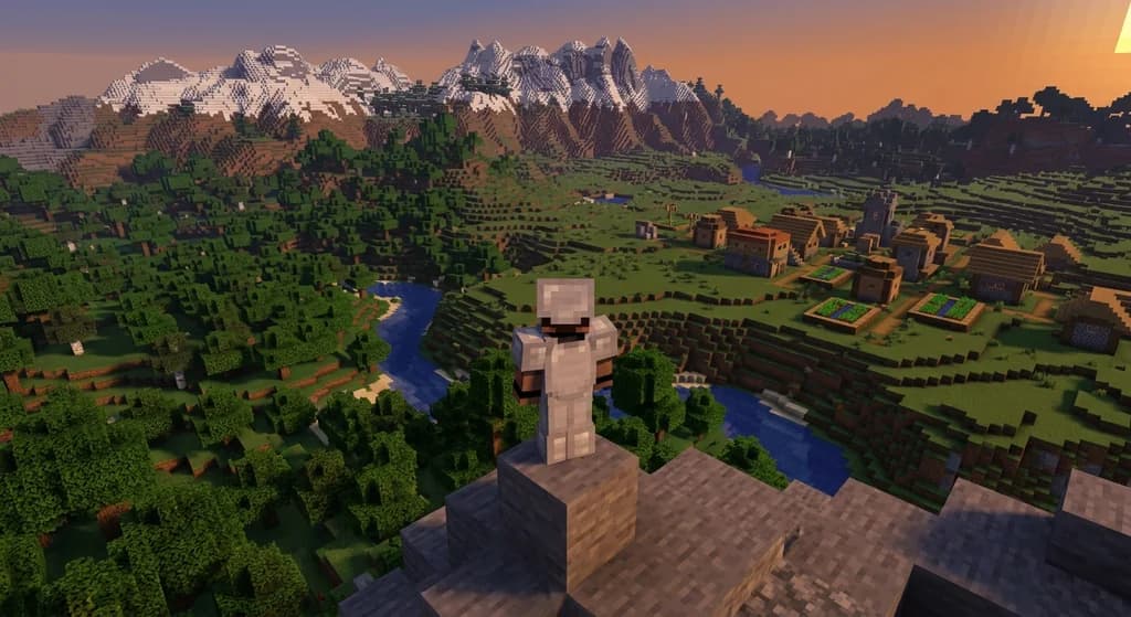 A Minecraft player in iron armor overlooking a vast optimized landscape with dense forests, mountains, and a distant village at golden hour, representing performance mod management with the Modrinth launcher