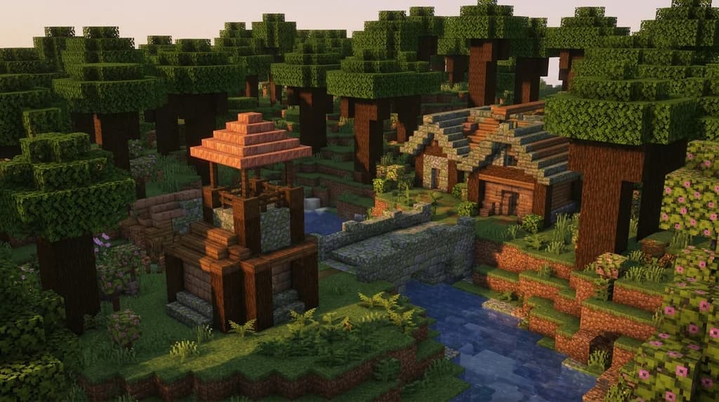 A Minecraft wilderness retreat built from mossy cobblestone, spruce logs, mud bricks, and rooted dirt nestled in a dark oak forest with a copper-roofed watchtower and flowering azalea trees at golden hour