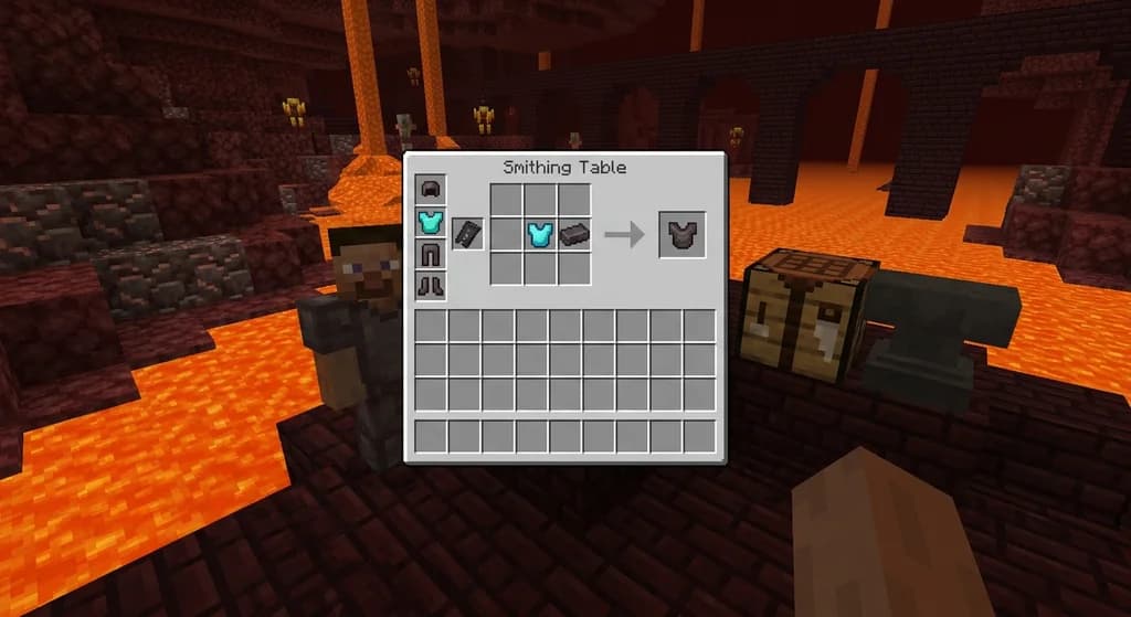 Smithing table interface in Minecraft for upgrading diamond to netherite with netherite ingot and template
