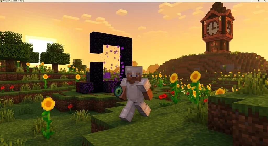Minecraft speedrunner sprinting past a ruined portal with a redstone clock tower on a hill at sunset.