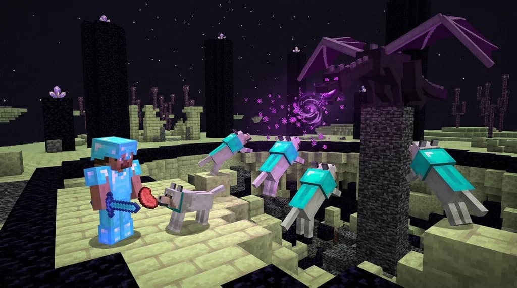 Minecraft player commanding armored tamed wolves against the Ender Dragon in a boss fight arena.