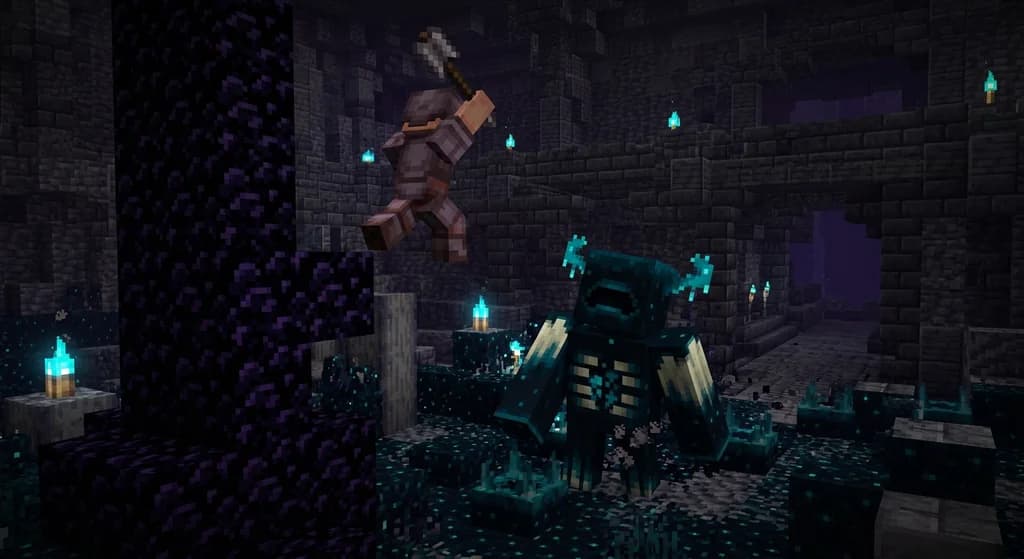 Minecraft player in netherite armor performing a mace smash attack on a Warden in the deep dark biome surrounded by sculk blocks and ancient city ruins