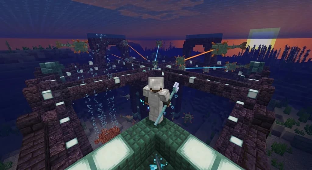 Minecraft player with enchanted trident facing a custom boss in an underwater arena