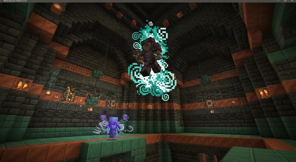 Minecraft player in netherite armor launching upward with a wind charge inside a Trial Chamber arena with deepslate walls and glowing trial spawners