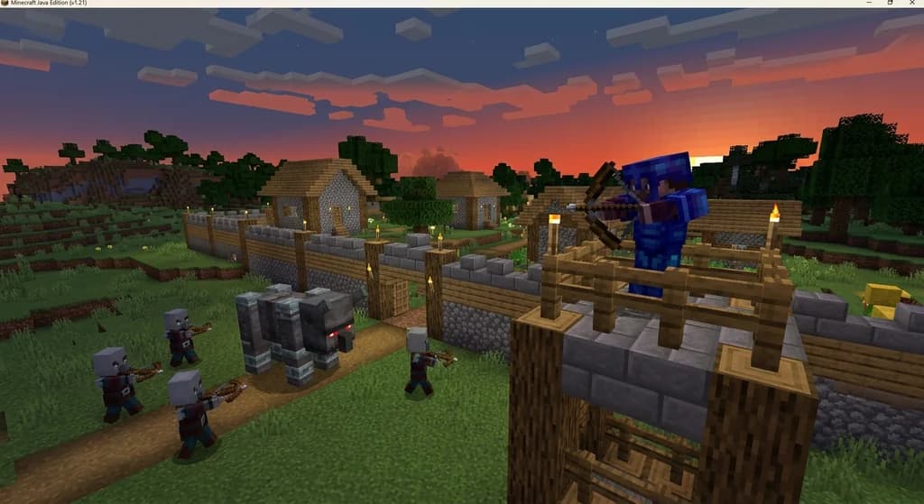 A Minecraft player in enchanted Netherite armor defending a stone-walled village from a Ravager and Pillager raid at sunset.