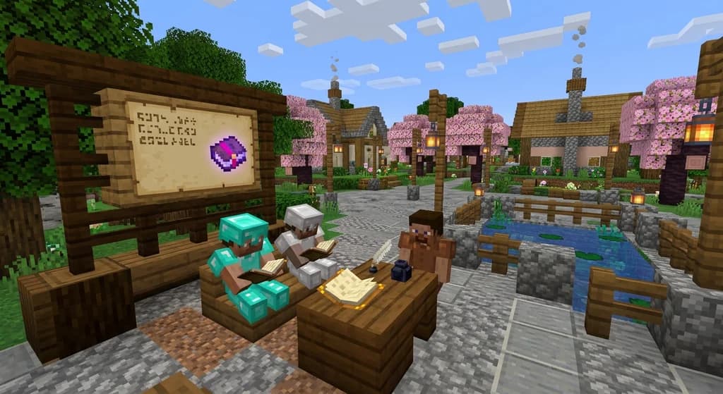 Minecraft players reading a wooden rules signboard in a village plaza with oak lanterns and cherry blossoms.