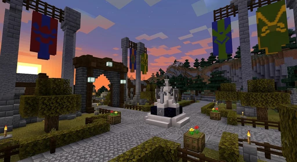 A grand Minecraft RPG server spawn hub with deepslate architecture, faction banners, glowing sea lanterns, and a central lore monument at sunset