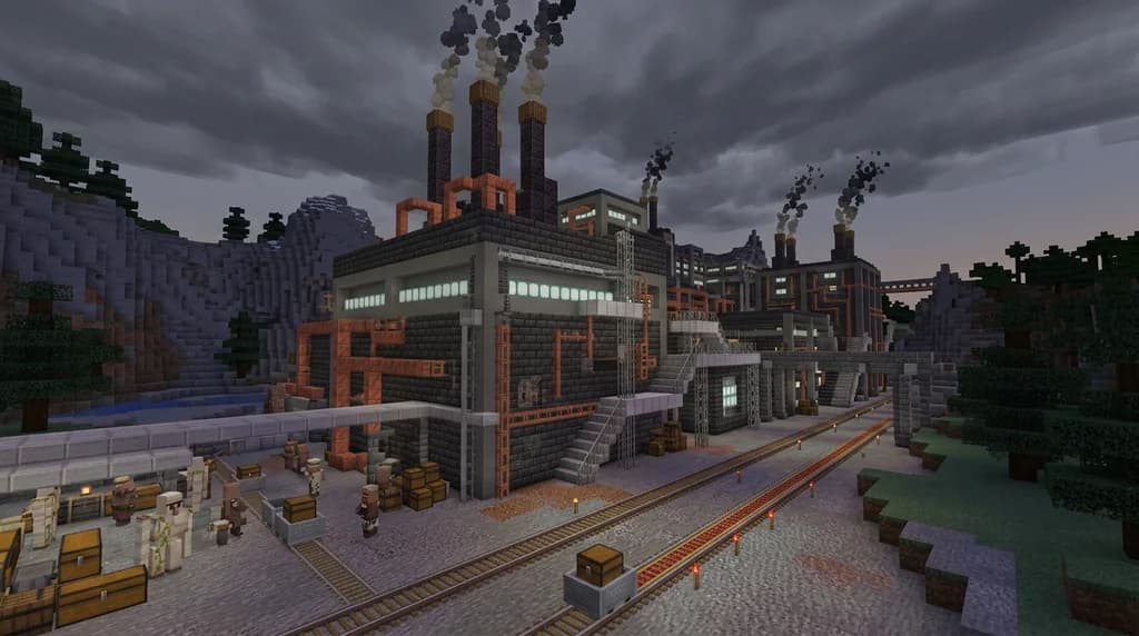 A massive Minecraft industrial factory built from deepslate bricks, iron blocks, blackstone smokestacks, and glowing sea lantern windows under a dramatic overcast sky