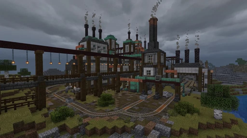 A large Minecraft industrial factory build made from deepslate bricks, iron blocks, oxidized copper, and dark oak beams with glowing lanterns and blackstone smokestacks