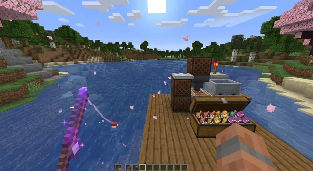 A Minecraft AFK fish farm on a wooden dock over a large lake, with a bobber cast into open water and a chest overflowing with fish and enchanted books.