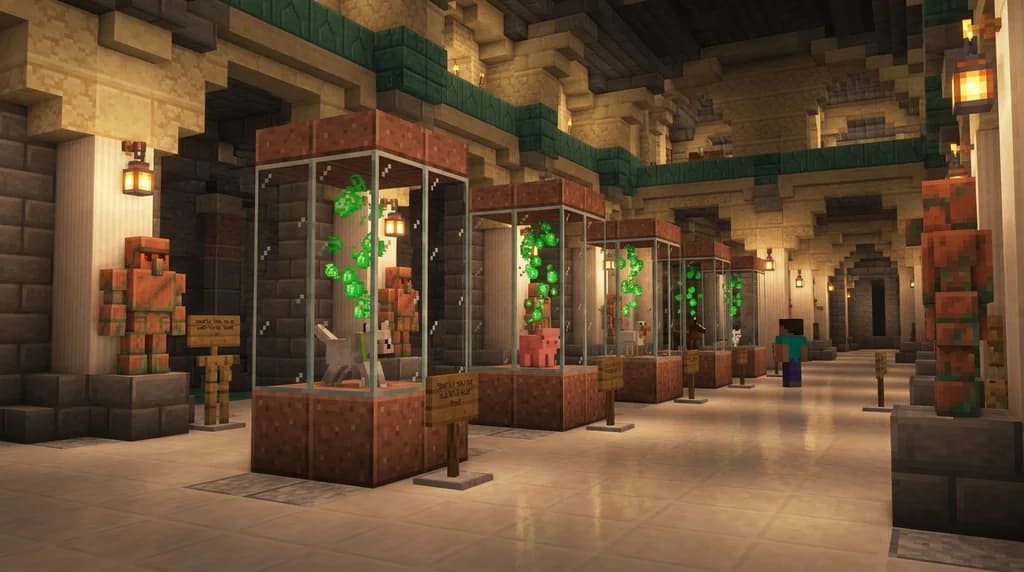A grand Minecraft baby mob museum with glass enclosures housing age-locked baby animals, Copper Golems at exhibit entrances, and Mannequin NPC labels, lit by warm torches and copper lanterns