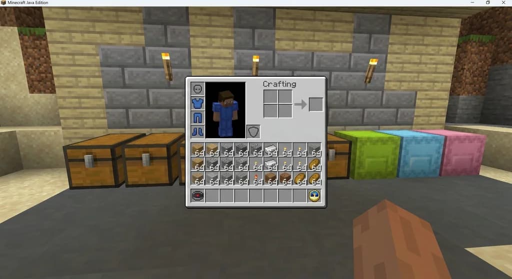 Player viewing a sorted inventory in a Minecraft storage room with chests and shulker boxes.