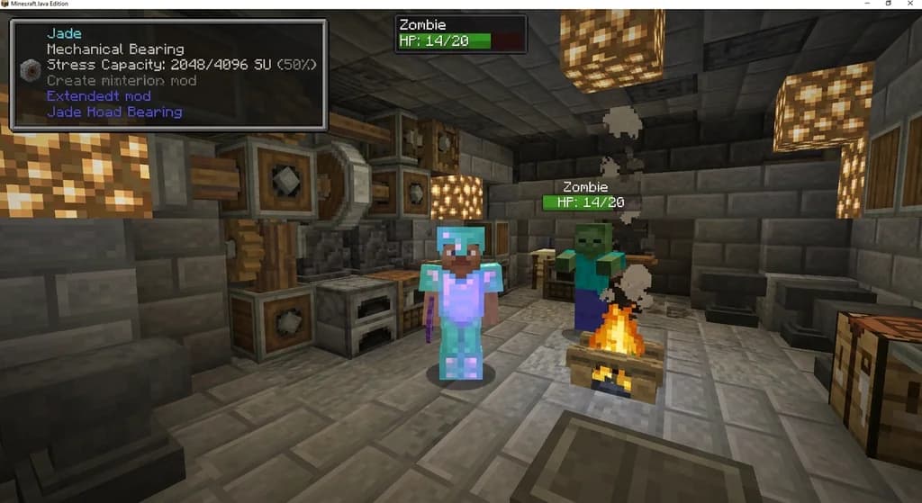 Minecraft player viewing Jade overay with block and entity info in a modded forge workshop