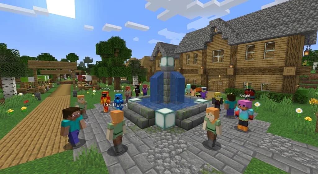 A Minecraft server hub with players near a fountain, colorful builds, and lush landscape.