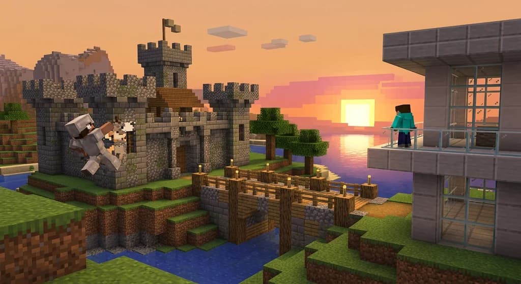 A split Minecraft scene comparing Java and Bedrock Editions: classic stone fortress on the left, modern glass build on the right, golden hour lighting.