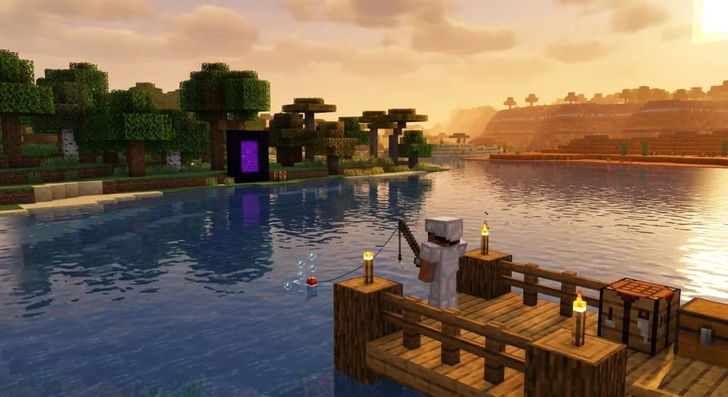 Player fishing from a dock with Nether portal and diverse biomes representing Minecraft fishing milestones from Alpha to 1.7.2