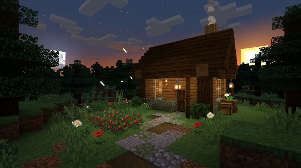 Minecraft cottage with hanging lantern and sweet berry bushes along a stone path at dusk