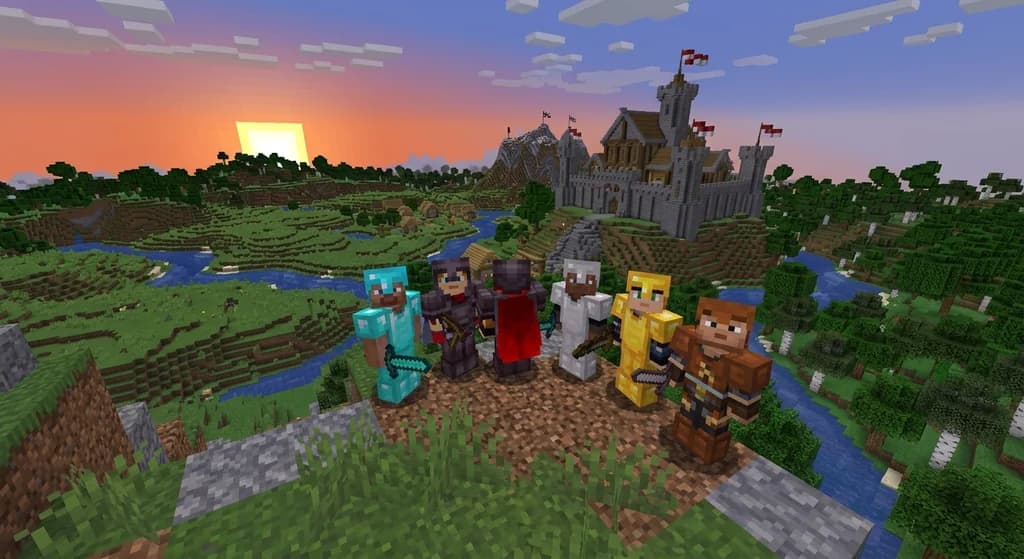 A group of Minecraft players in custom armor standing on a scenic overlook near their massive guild castle under a sunset sky.