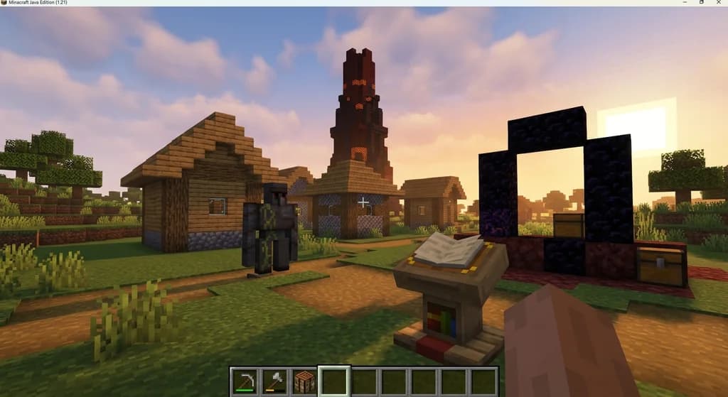 Minecraft player starting a speedrun route in a plains village with a ruined Nether portal in the distance.
