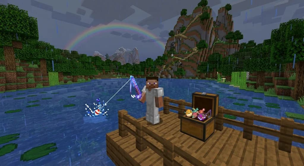 Minecraft player fishing on a dock in the rain with a glowing enchanted rod, opening a chest full of rare fish and loot, on Gaia Legends server.