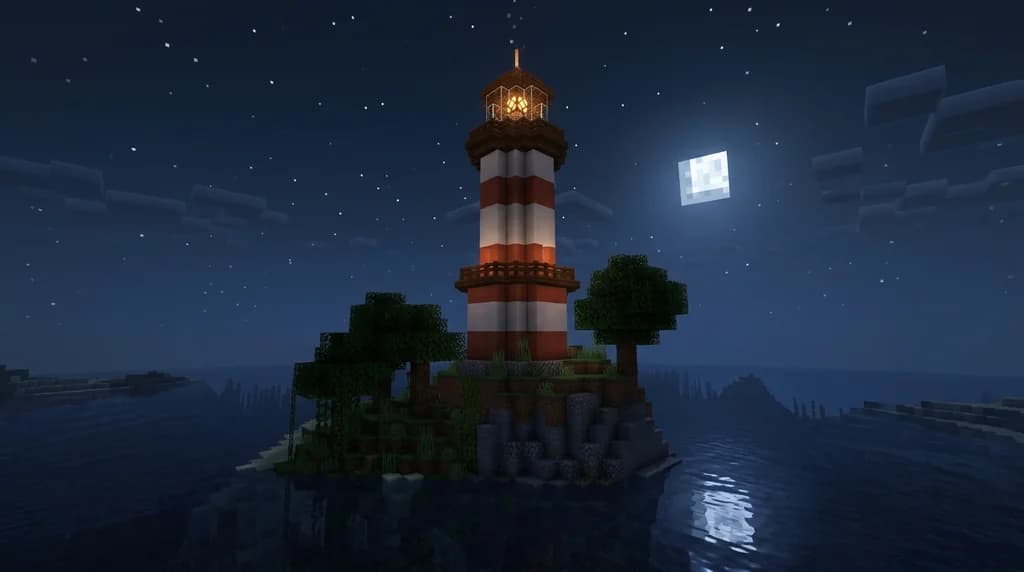 Minecraft lighthouse built from white concrete and quartz on an ocean island at night