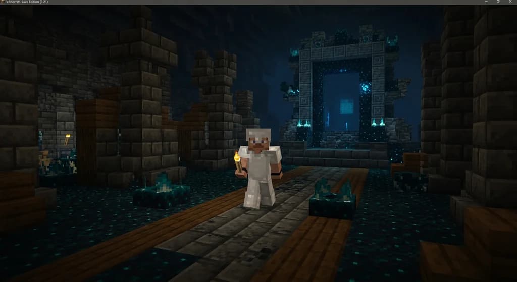 A Minecraft player exploring an ancient city in the deep dark biome, with warden summoning structures nearby.