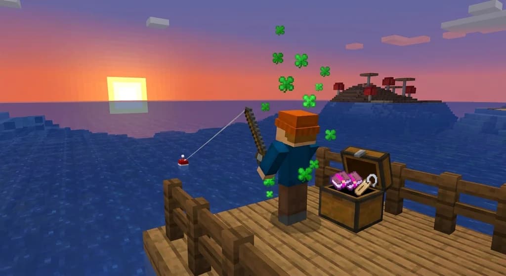 A Minecraft player with Luck status effect particles fishing from a dock at sunset, with treasure items in a nearby chest.