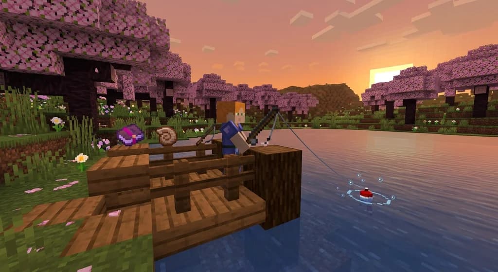 Player fishing from a wooden dock with treasure items including an enchanted book and nautilus shell nearby.