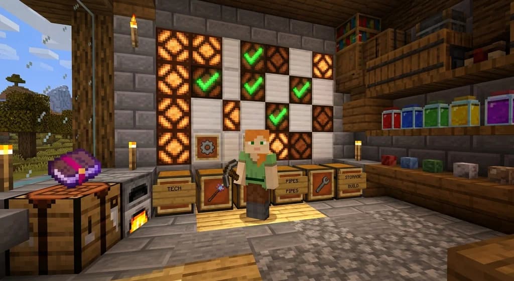 Minecraft player managing mod updates in a workshop with a redstone display board and chests.