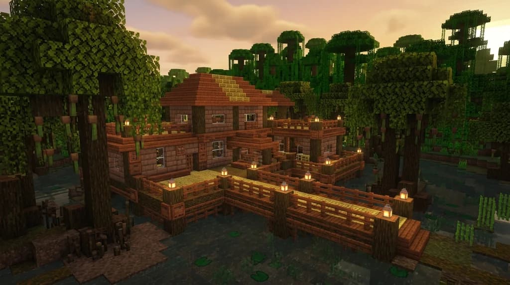 A Minecraft tropical stilt house built from mangrove planks and bamboo mosaic floors over a swamp biome, surrounded by mangrove trees and warm lantern lighting at golden hour.
