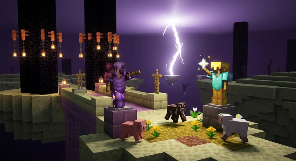 Mannequin NPC quest outpost built in The End dimension with flashing skylight effects, copper lanterns, and Golden Dandelion baby mob companions in Minecraft 2026