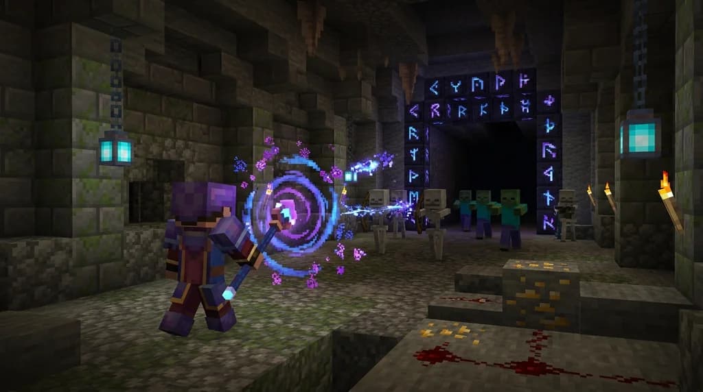 A Minecraft player casting a glowing magic spell against undead mobs in a dungeon