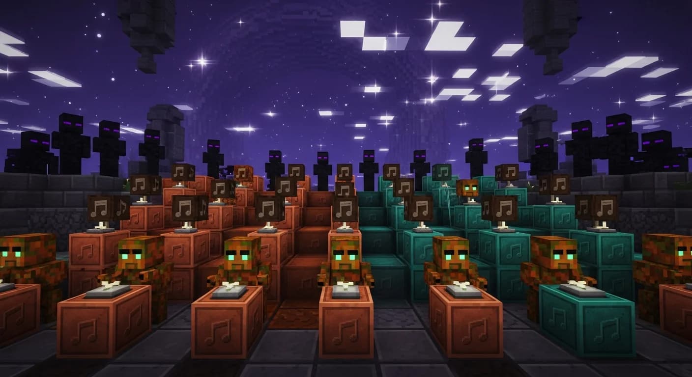 Copper Golems performing a synchronized orchestra in the End dimension, surrounded by oxidized copper note block stations under flashing skylights in Minecraft 2026